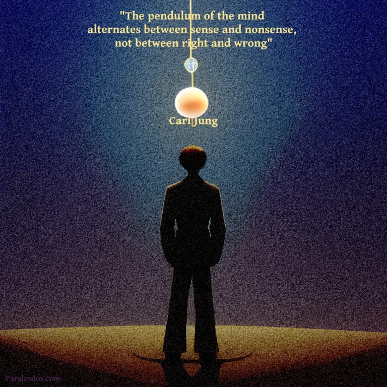 A man stands looking forward into the light. Above and in front of him is a suspended ball, like a pendulum.