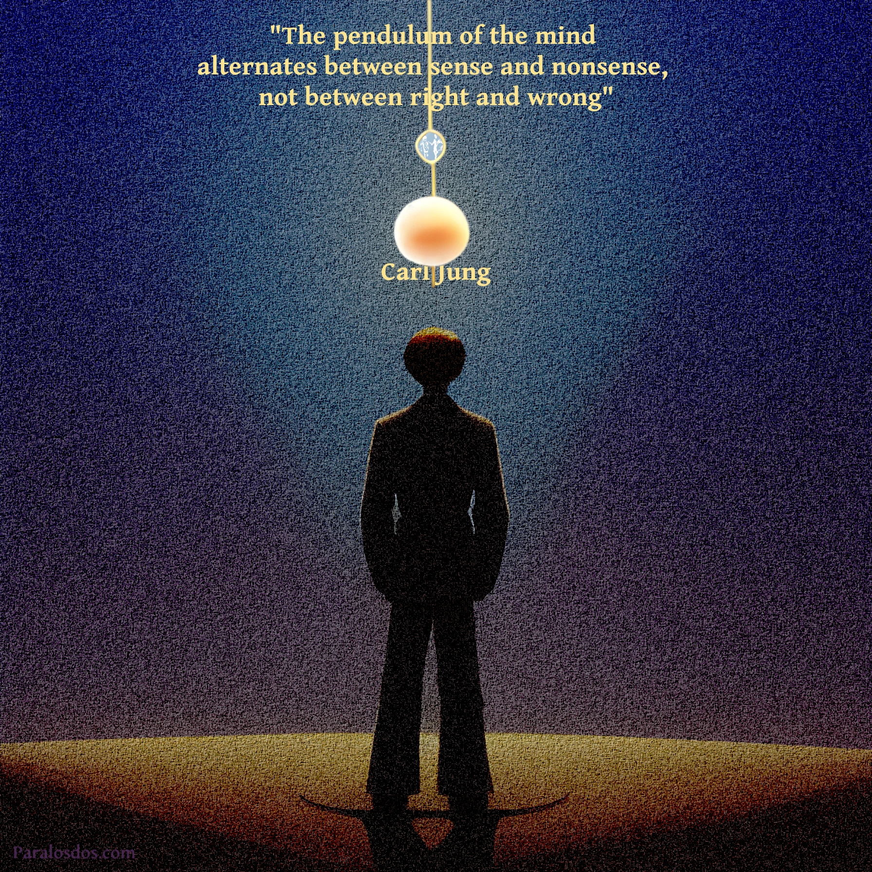 A man stands looking forward into the light. Above and in front of him is a suspended ball, like a pendulum.