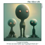 The Alien Life, one panel Comic.Three aliens are standing in hip hop clothes, the one in the middle is much bigger. The caption reads: "I swear to Grodon, if I lose one more battle rap I'm going to freak out."