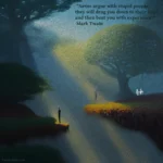 A colourful image has a figure standing on the edge of a cliff beside a tree. To the left of this figure and below it stands another figure on a separate cliff.