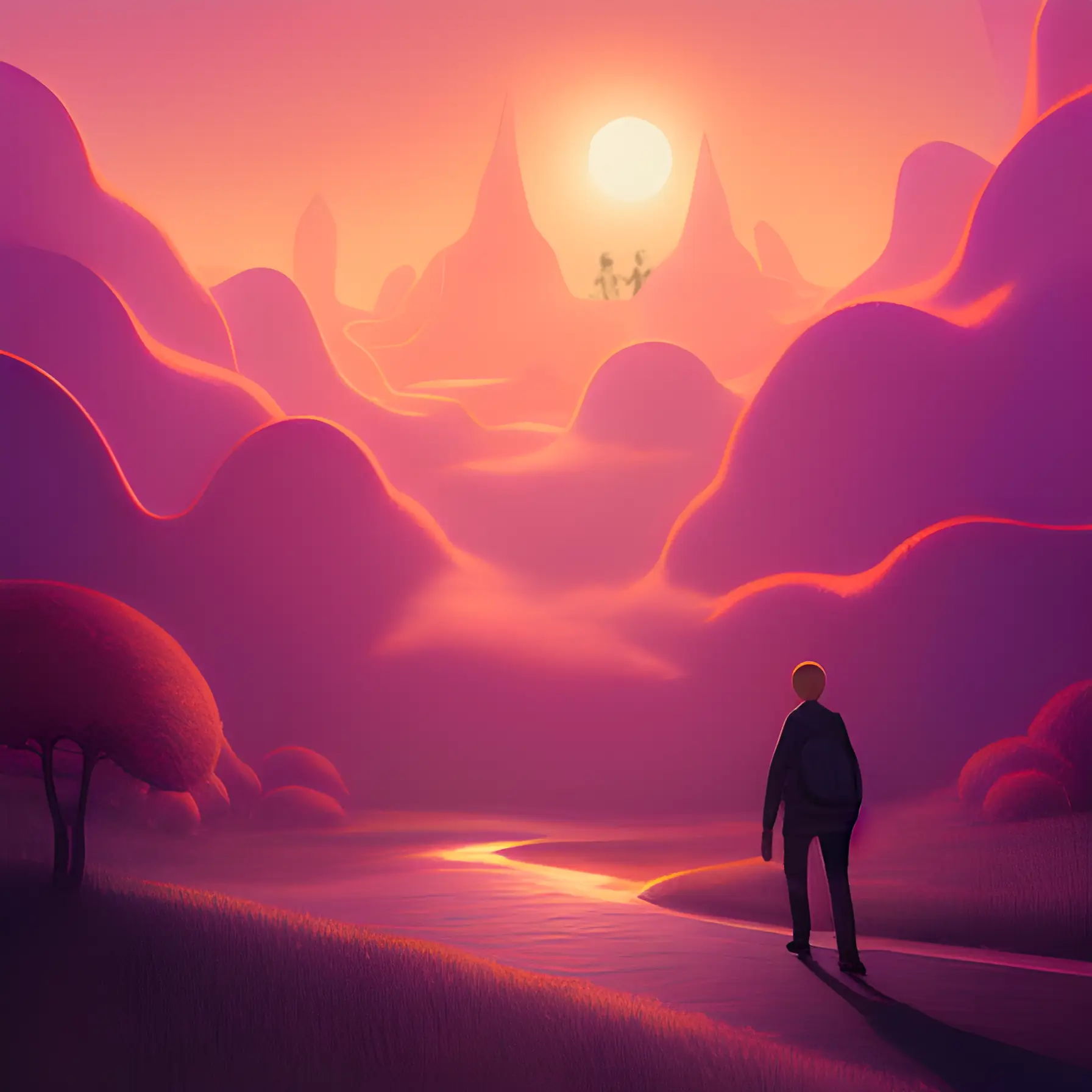 A purple-red-orange hued rendering of a lone figure walking down a road toward the sun setting behind mountains.