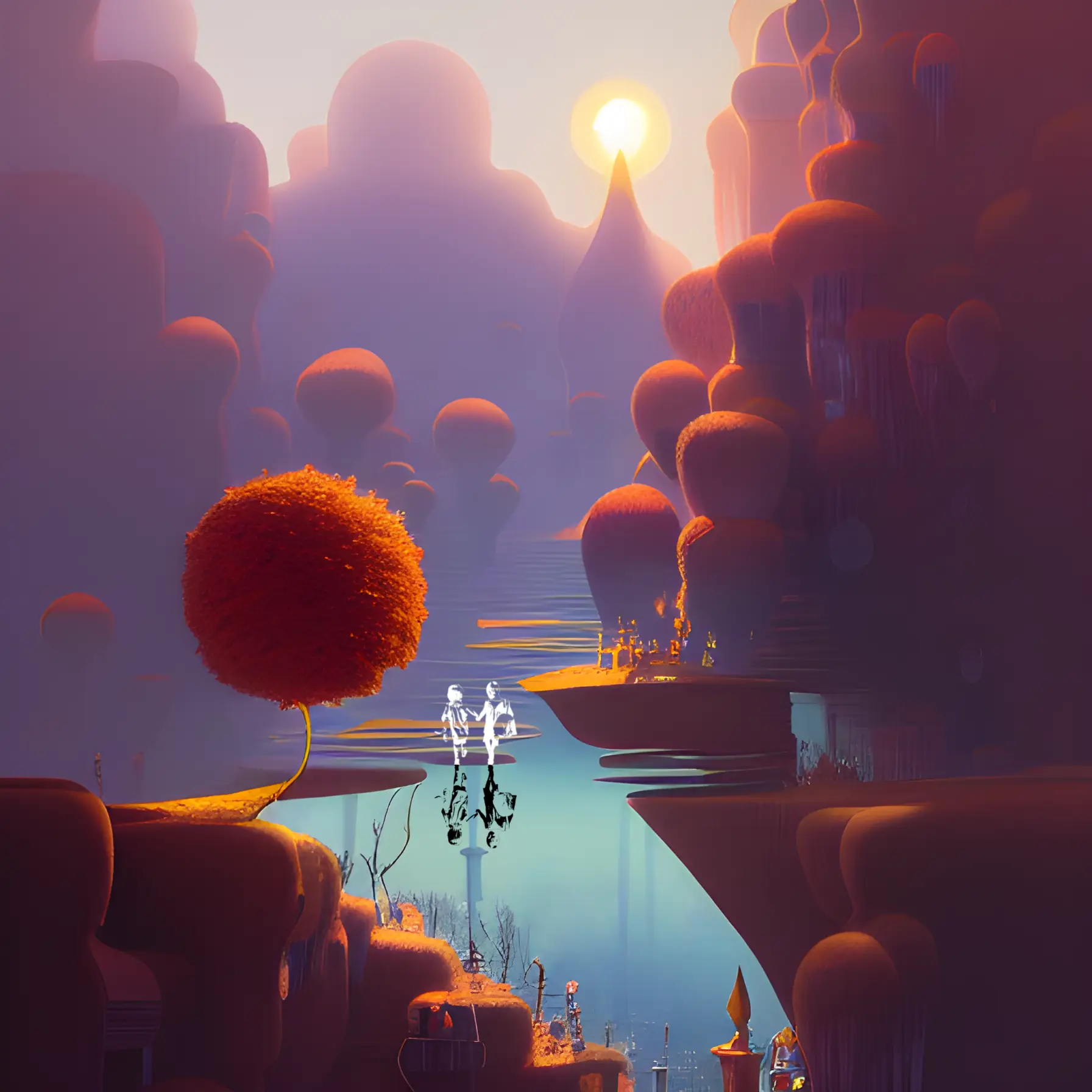 A fantastical, colourful image. It looks like a=there is a city above and a city below a lake.