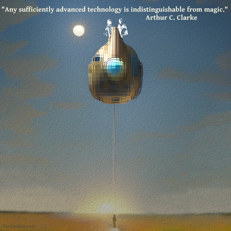 An odd spaceship hovers high above an obelisk on the ground. A slim beam of light travels between them. A quote reads: Any sufficiently advanced technology is indistinguishable from magic.
