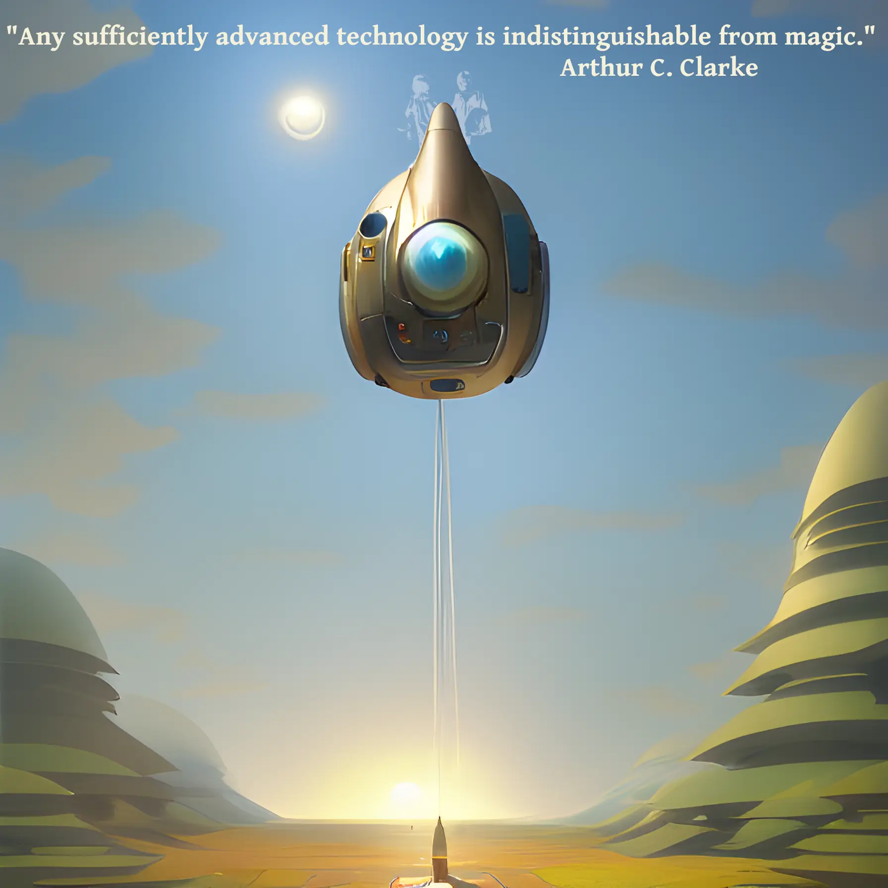 An odd spaceship hovers high above an obelisk on the ground. A slim beam of light travels between them. A quote reads: Any sufficiently advanced technology is indistinguishable from magic.