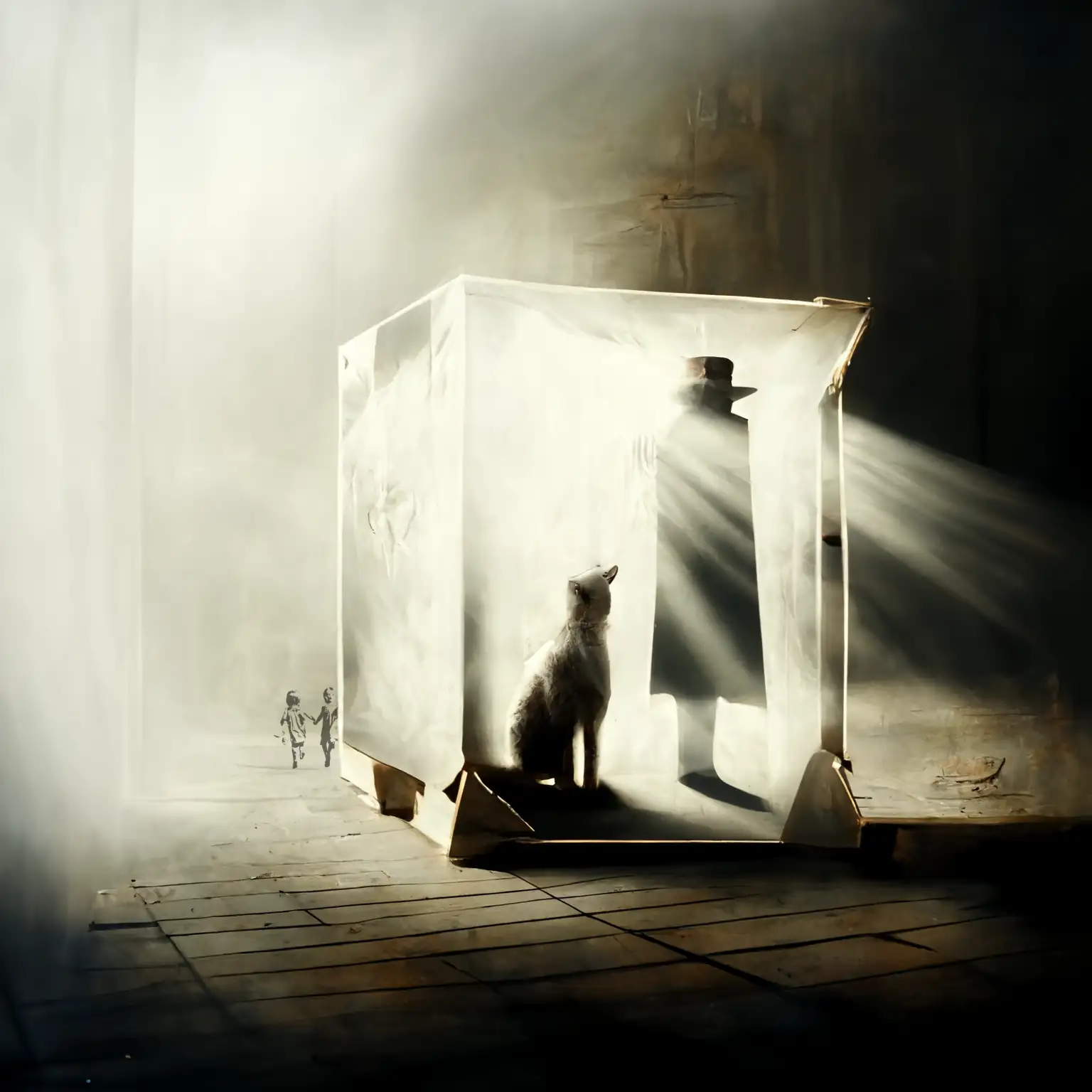 A large cat or dog is sitting behind a figure in a brimmed hat and long coat. They are both in a see through cube. The box of Schrödinger's cat. Sepia tones but with light rays coming from the top left corner. The cat is watching the kids from the logo walk away.