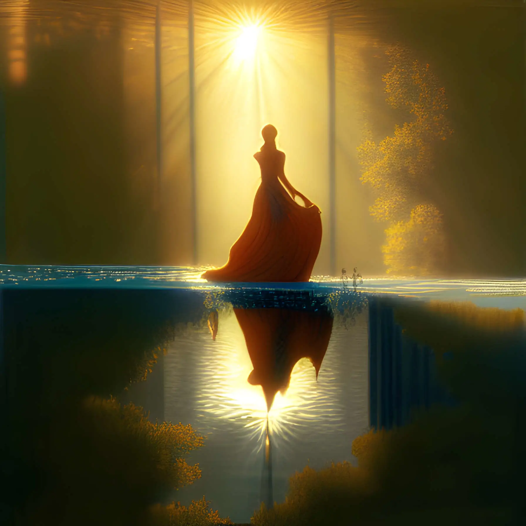 A golden woman appears to walk on water towards the light