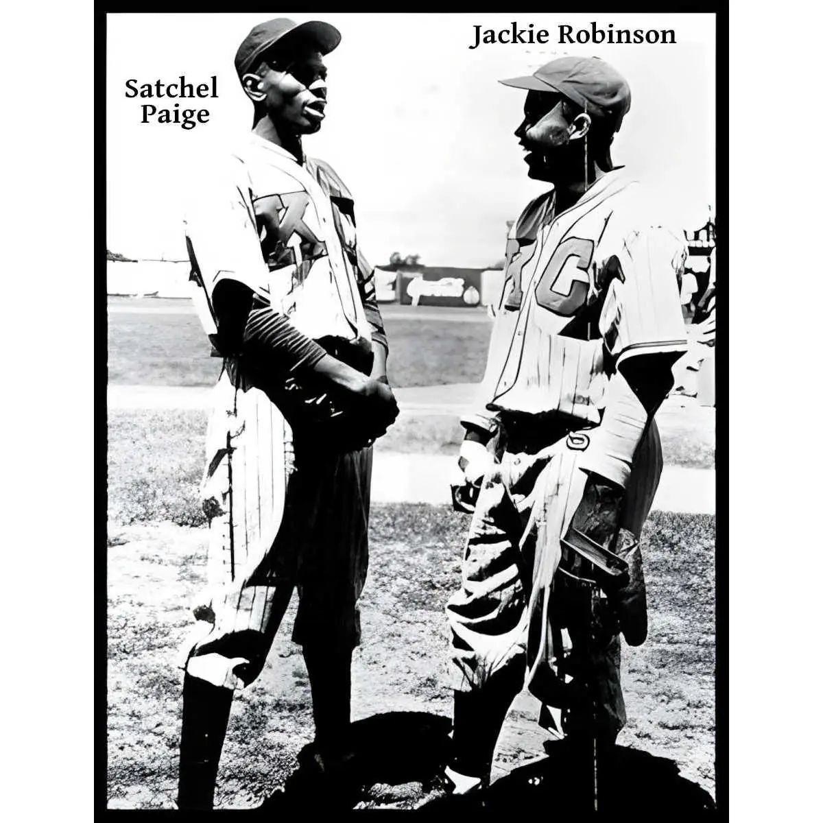 Satchel Paige and Jackie Robinson stand together talking, they are wearing baseball uniforms