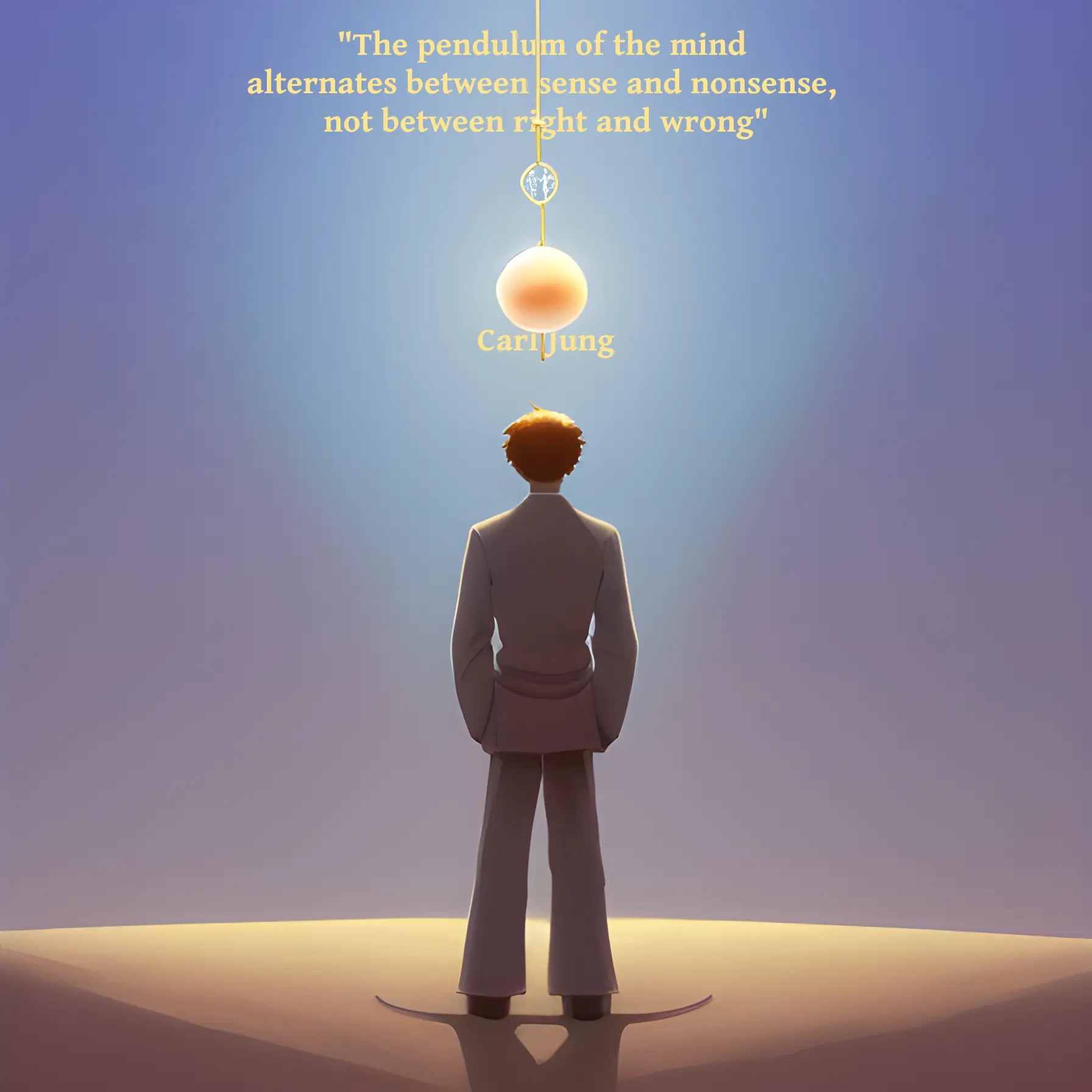 A man stands looking forward into the light. Above and in front of him is a suspended ball, like a pendulum.