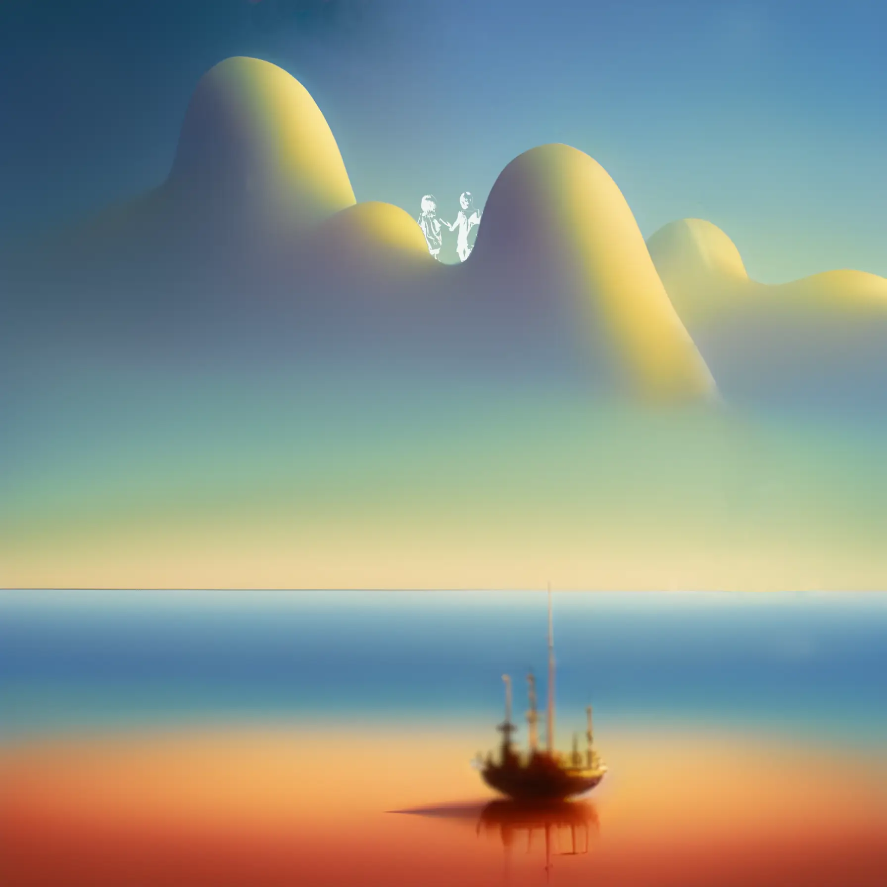 A blurry, ghostlike ship sits in a calm, fantastical setting. Multicoloured water and odd, rounded mountains in the foreground. It's a very peaceful and happy scene.