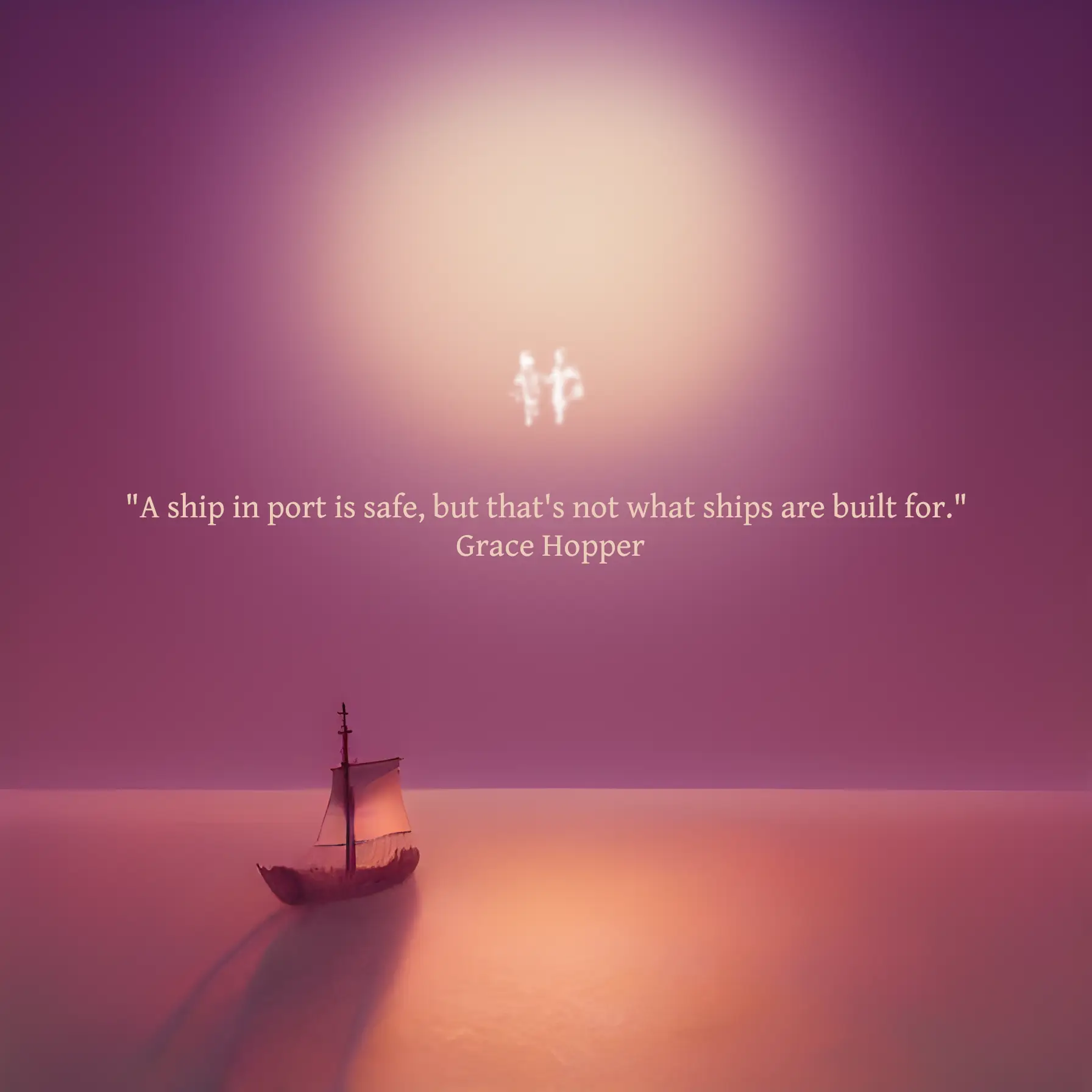 A small sailboat in a calm sea is pointed to the horizon. The sky is a purplish colour and there is a big blurred sun in the foreground. The water is an orange-purple colour and the soon to be setting sun is reflected in it.