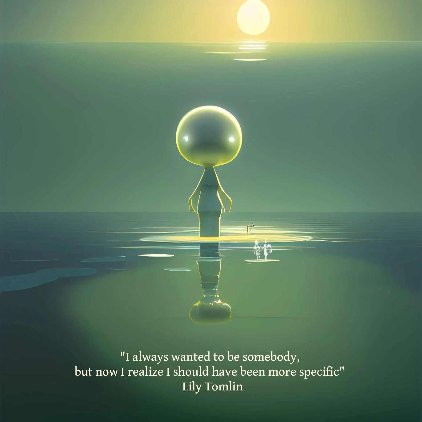 An odd, giant green creature stands up to her kness in calm reflecting water. In front of her is a horizon and above her is a second horizon with a sun setting, or rising. She could be facing either forward or backward. There appear to be two very small people, maybe, standing to her right. The whole scene is in an aquamarine-ish hue. Text reads: "I always wanted to be somebody, but now I realize I should have been more specific." Lily Tomlin