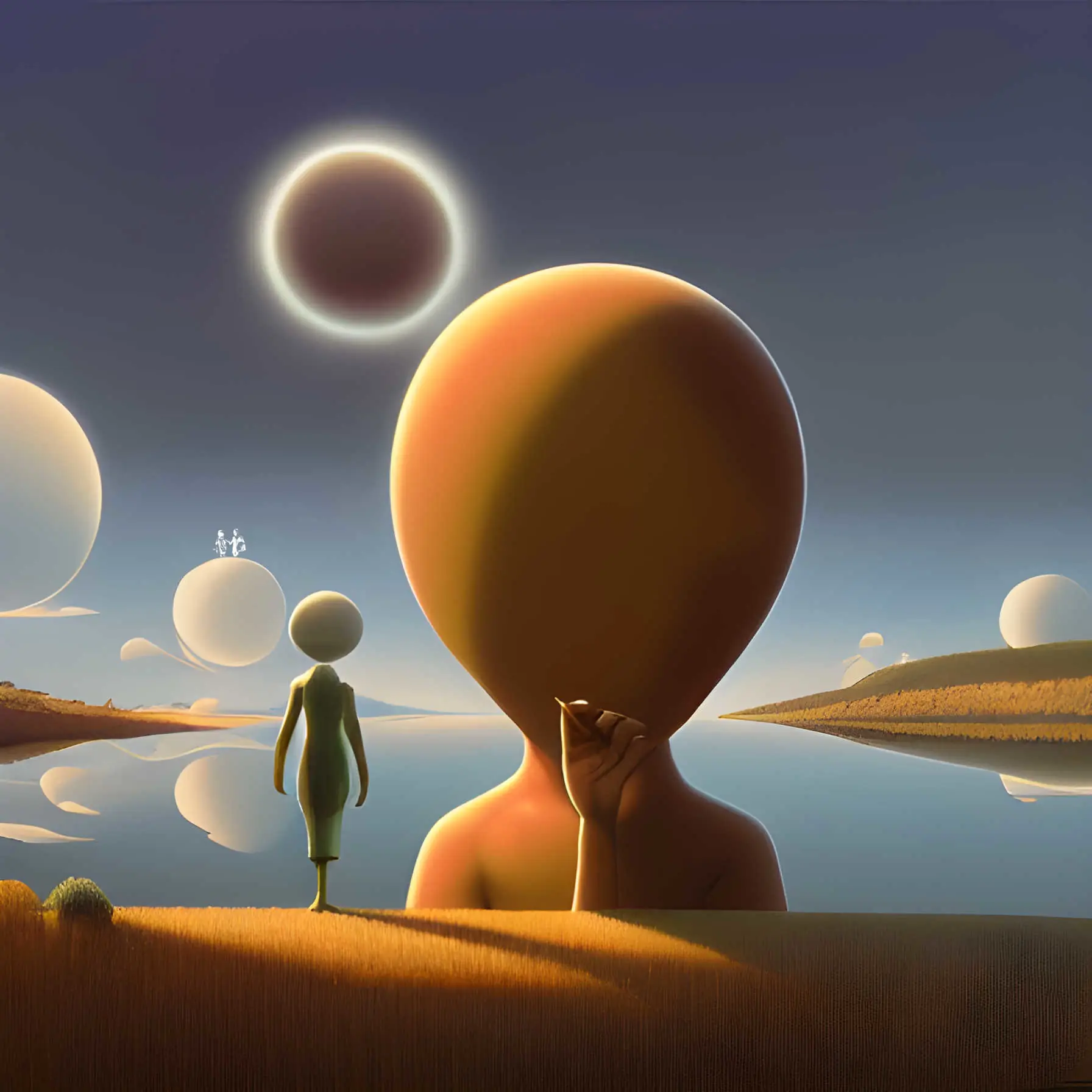 An odd, giant green creature stands up to her kness in calm reflecting water. In front of her is a horizon and above her is a second horizon with a sun setting, or rising. She could be facing either forward or backward. There appear to be two very small people, maybe, standing to her right. The whole scene is in an aquamarine-ish hue. Text reads: "I always wanted to be somebody, but now I realize I should have been more specific." Lily Tomlin