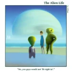 The Alien Life, one panel Comic. Two aliens are standing on a beach with a human between them. There is a giant planet in the background. The caption reads: "No, you guys would not 'fit right in'."