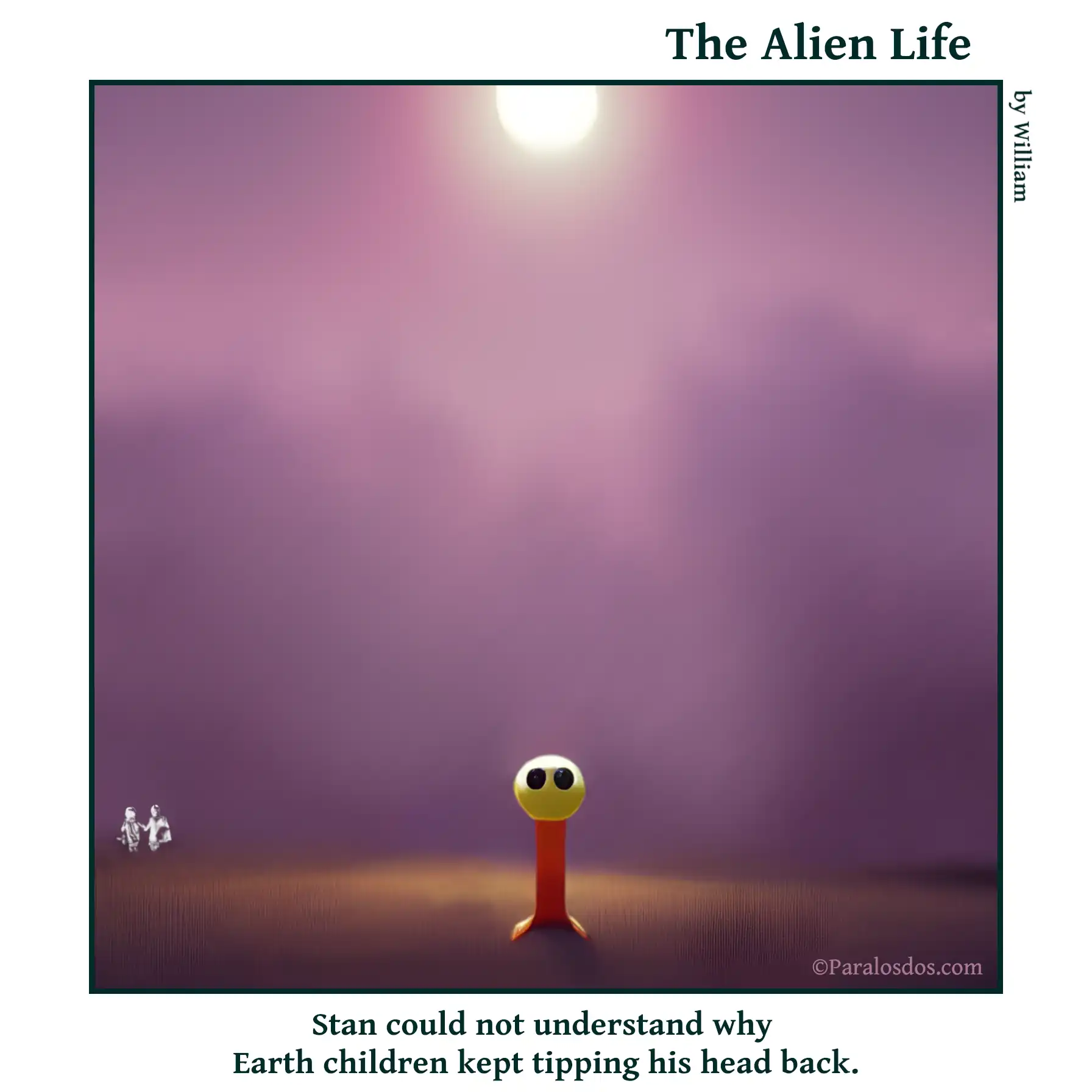 TAL - Pez 2 The Alien Life, one panel Comic. An alien that looks like a pez dispenser is standing in a field. The caption reads: Stan could not understand why Earth children kept tipping his head back.