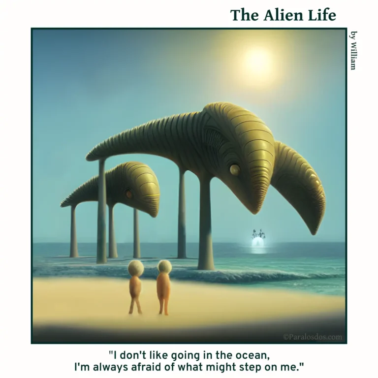 The Alien Life, one panel Comic. Two aliens are standing on the beach. Giant weird creatures are in the water in front of the aliens. The caption reads: " I don't like going in the ocean, I'm always afraid of what might step on me."