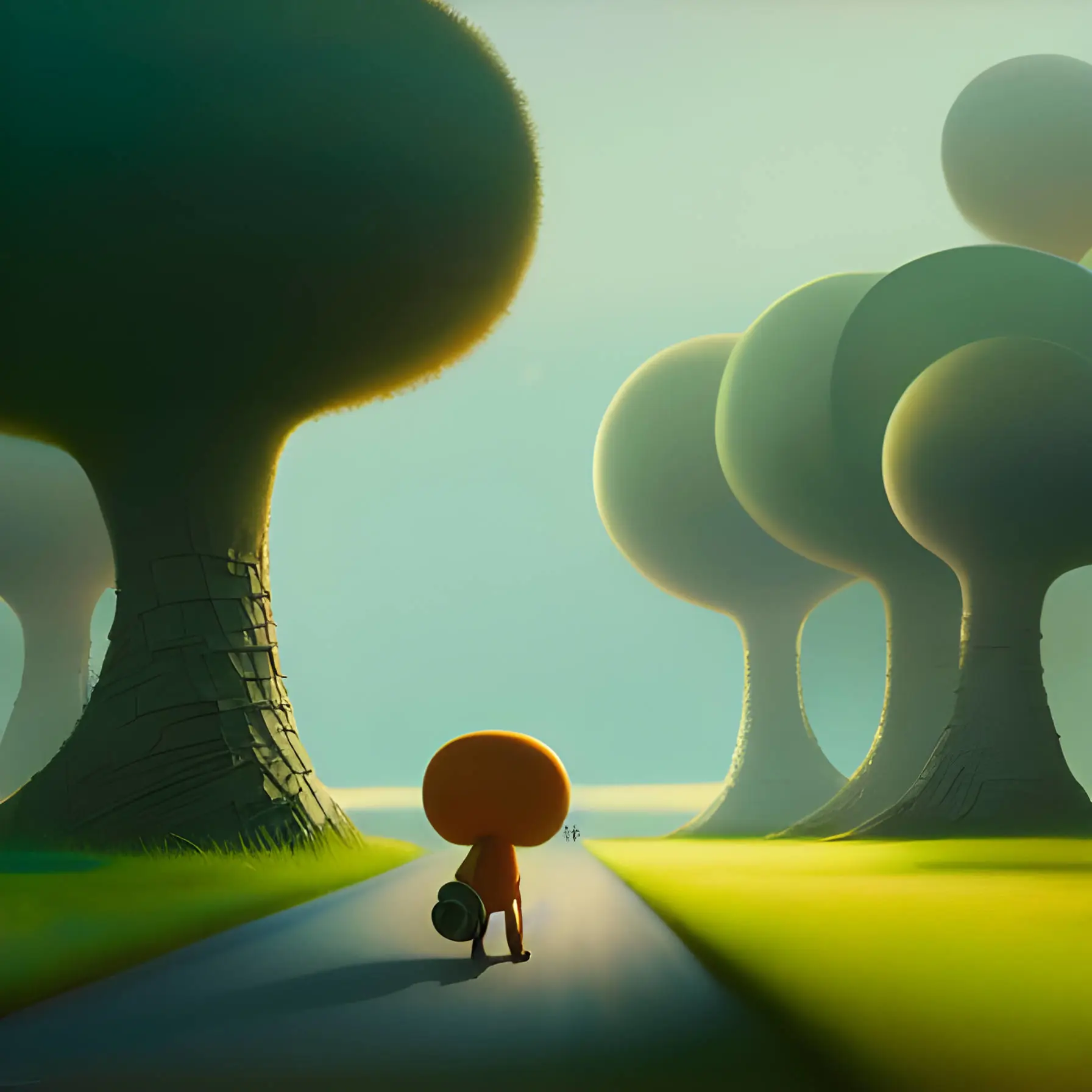A solitary figure walks down a path in a fantastical, and colourful, forest.