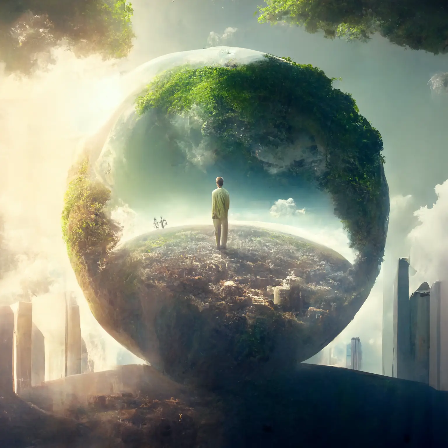 A fantastical image of a human inside an earth like planet. The human is standing on a horizon and is gigantic compared to a city. A planet within a planet. The original planet that the man is within is resting on a hill overlooking skyscrapers in the distance.