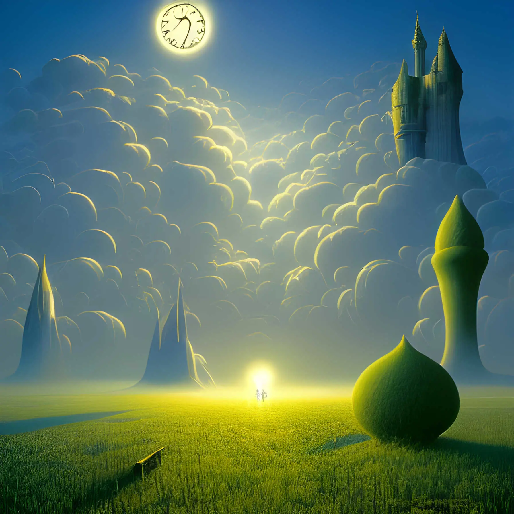 A fantastical rendering in an animated style of clouds with a floating castle in the top right. There is a light in the bottom middle that the kids are walking towards. A weird round clock sits tin the sky top left.
