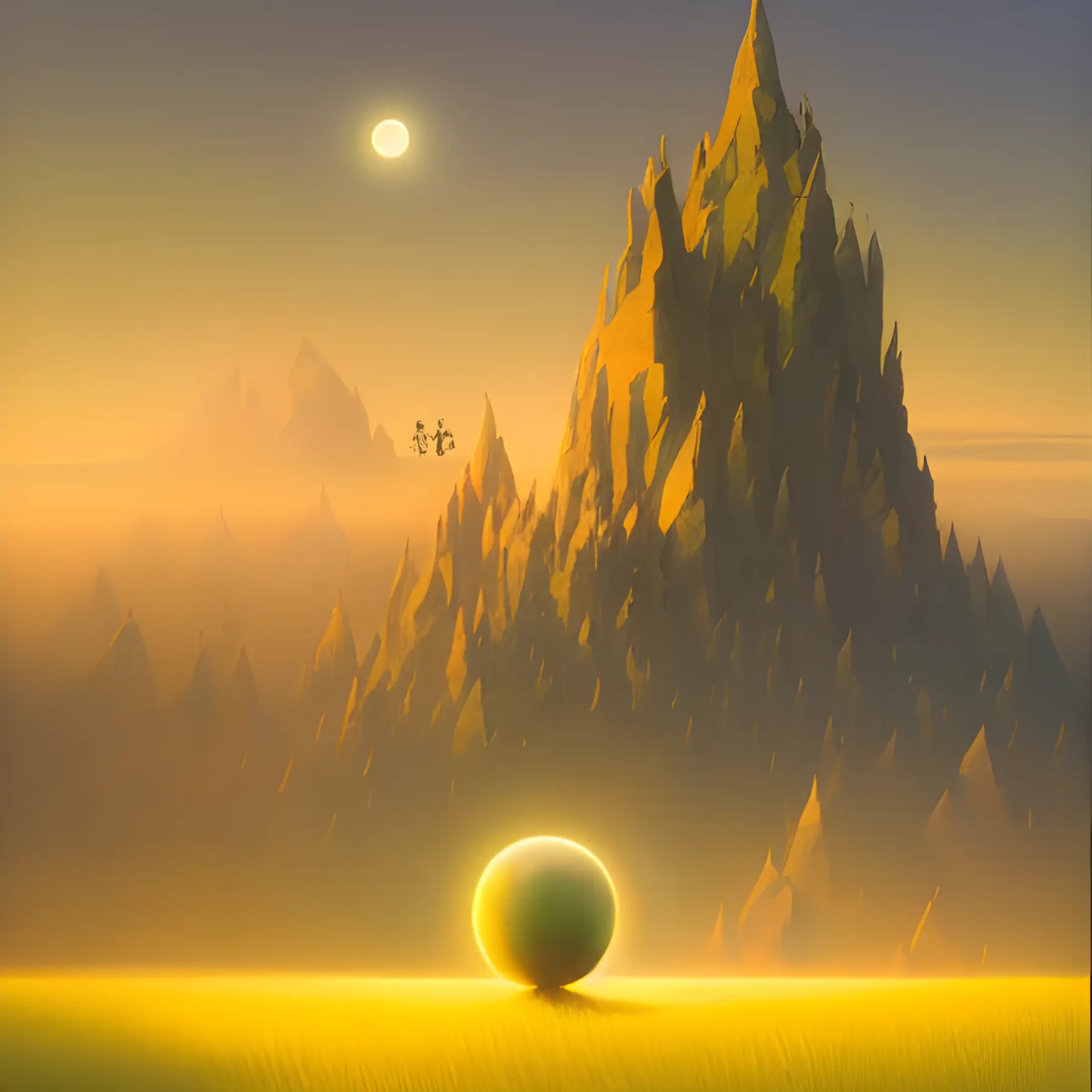 A golden hued ball sits on a grass covered hill in front of mountains far in the background. The image is orange-gold sepia toned. A thoughtful image.
