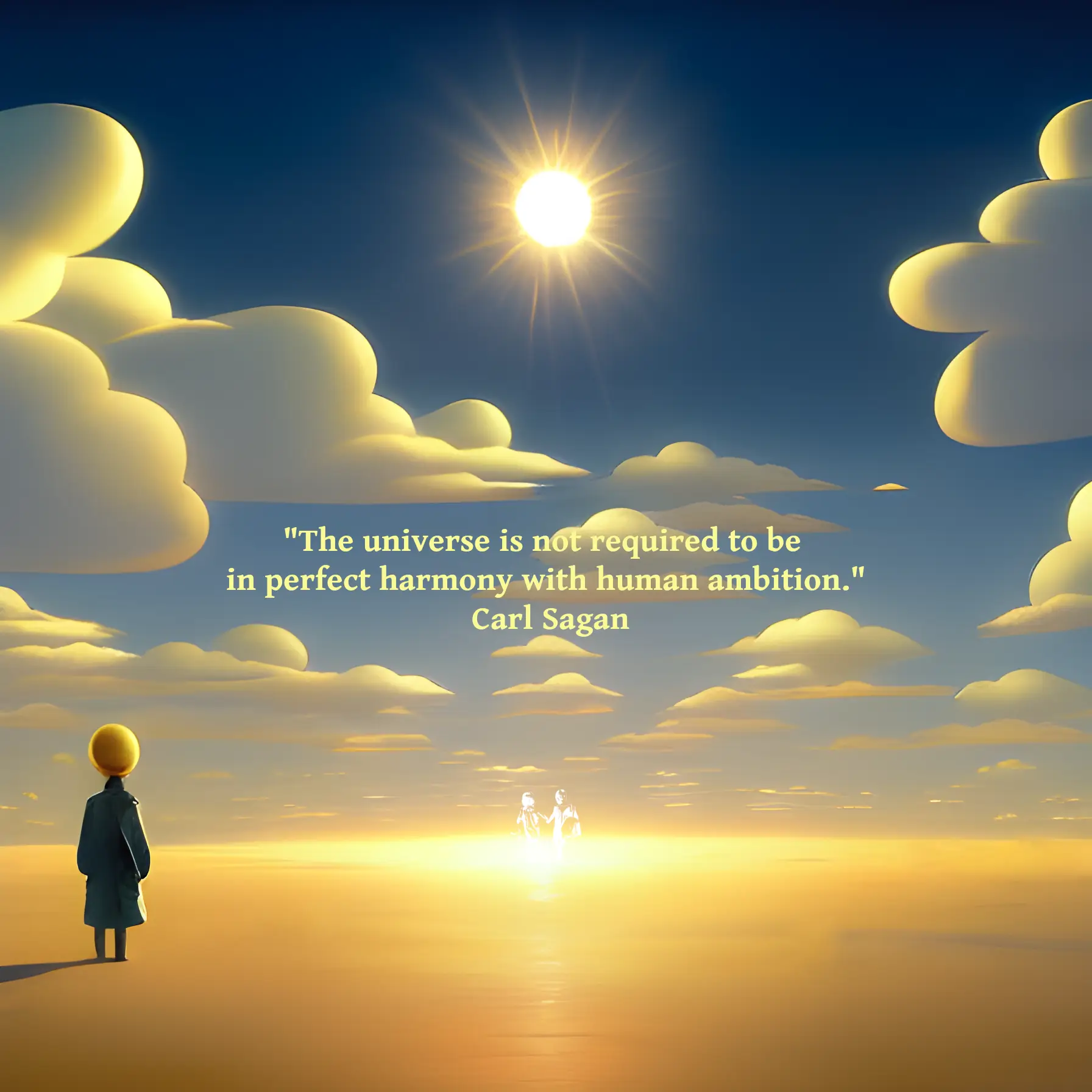 A figure is in the bottom left of the image standing on desert-like ground facing towards a beautiful bright sun. The sun shines on the horizon, which is near the bottom of the image. The sky is blue and full of clouds. A quote reads: "The universe is not required to be in perfect harmony with human ambition."