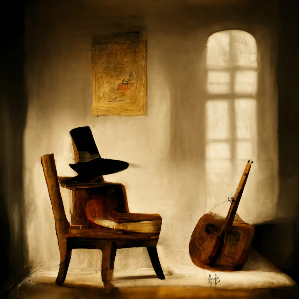 An image of a fedora on a chair with a book and a guitar off to the side.
