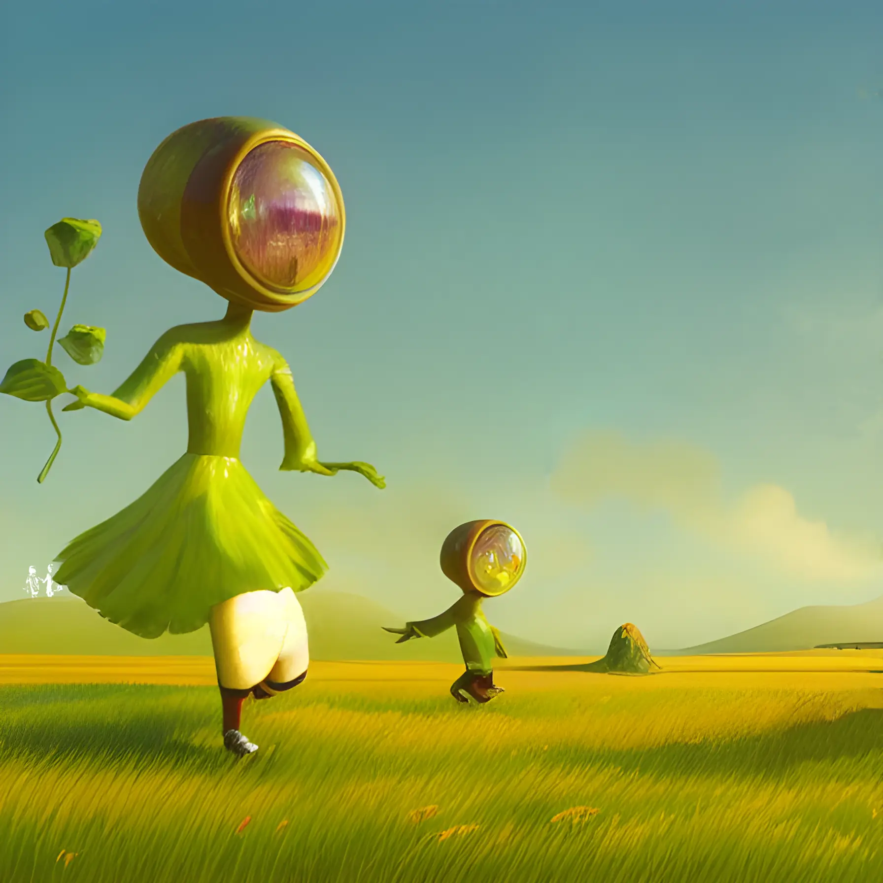 A woman and a child are running in a meadow on a bright, sunny day. They are wearing weird faceplates and dressed like characters from The Sound of Music.