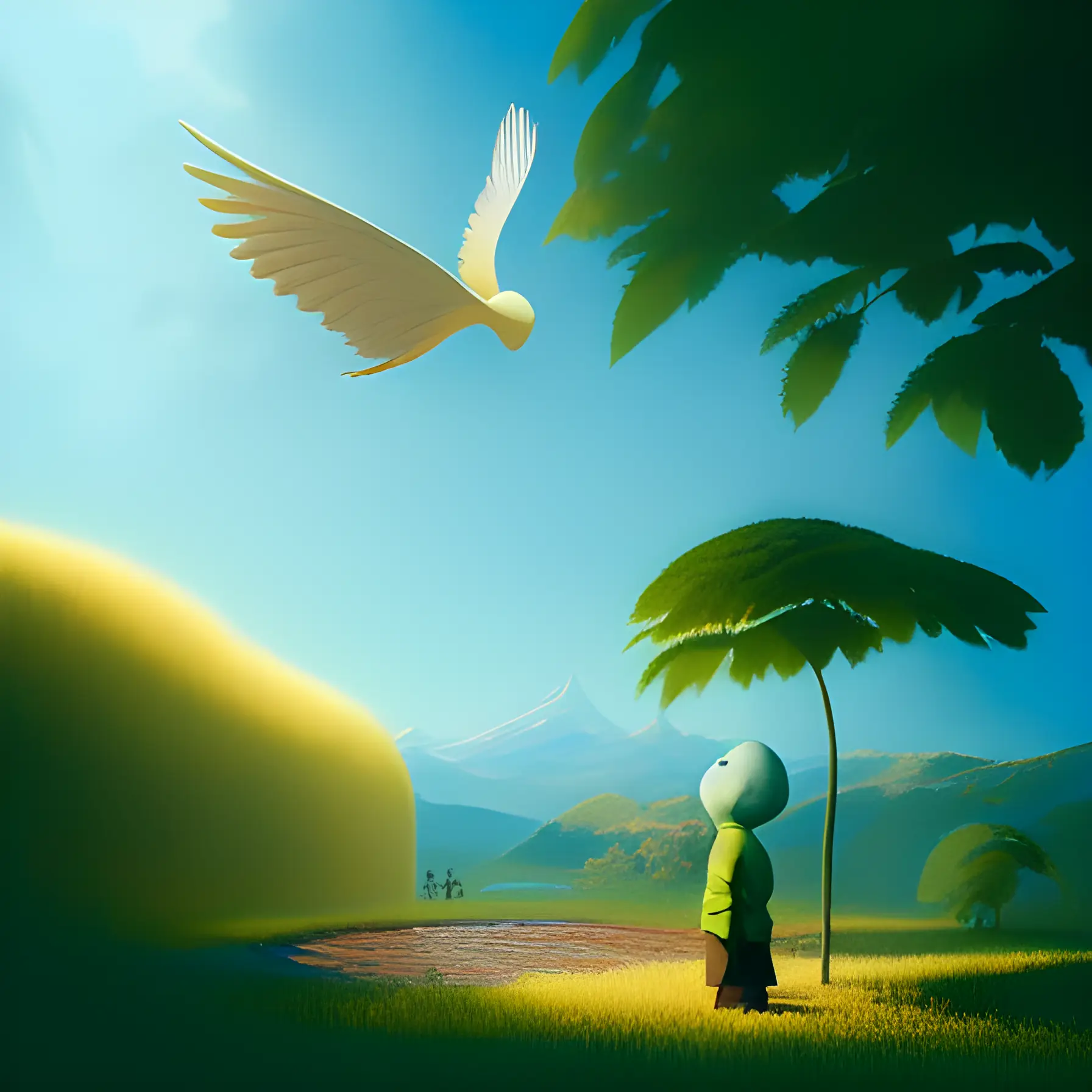 A weird turquoise cartoon man looks up at a white bird as it hovers above him.