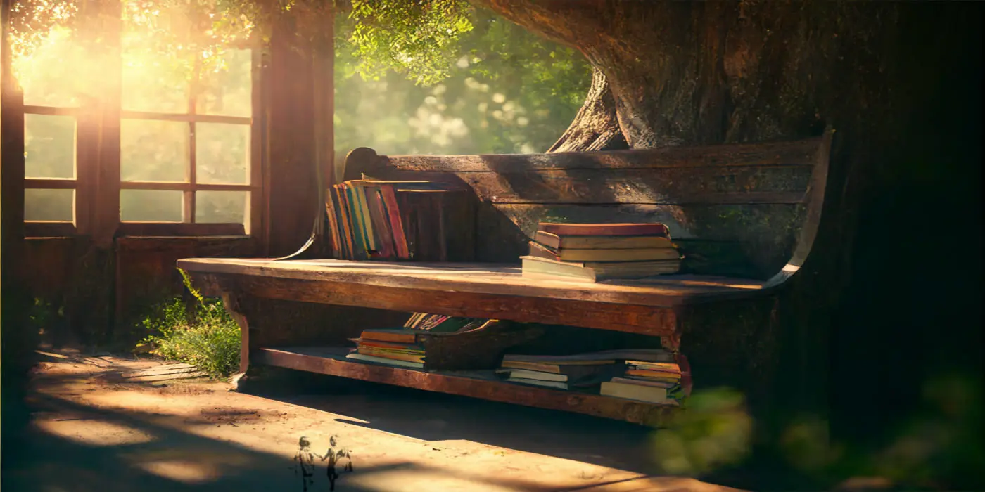 Books piled on a wooden bench under a big old tree in the sunlight