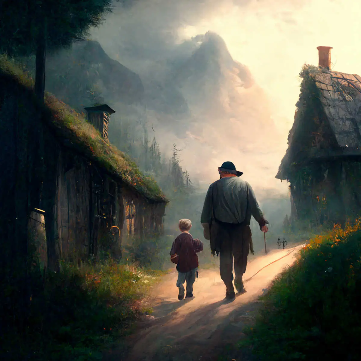 A man and a boy walk down the road in an old European town. They walk in a lane of sun towards an open space and nature