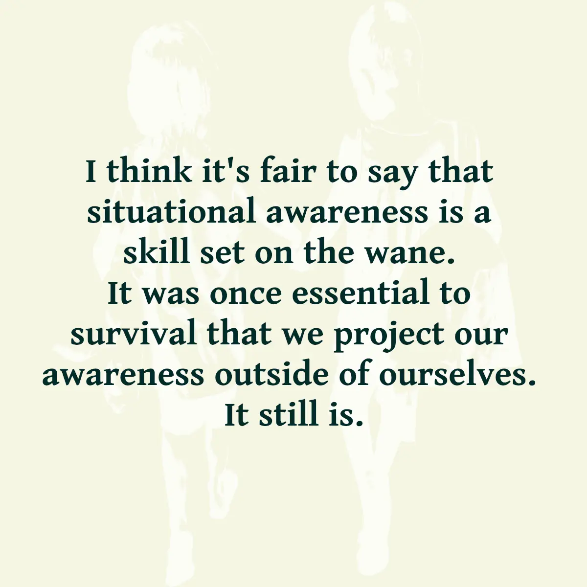 Text reading: I think it's fair to say that situational awareness is a skill set on the wane. It was once essential to survival that we project our awareness outside of ourselves. It still is.