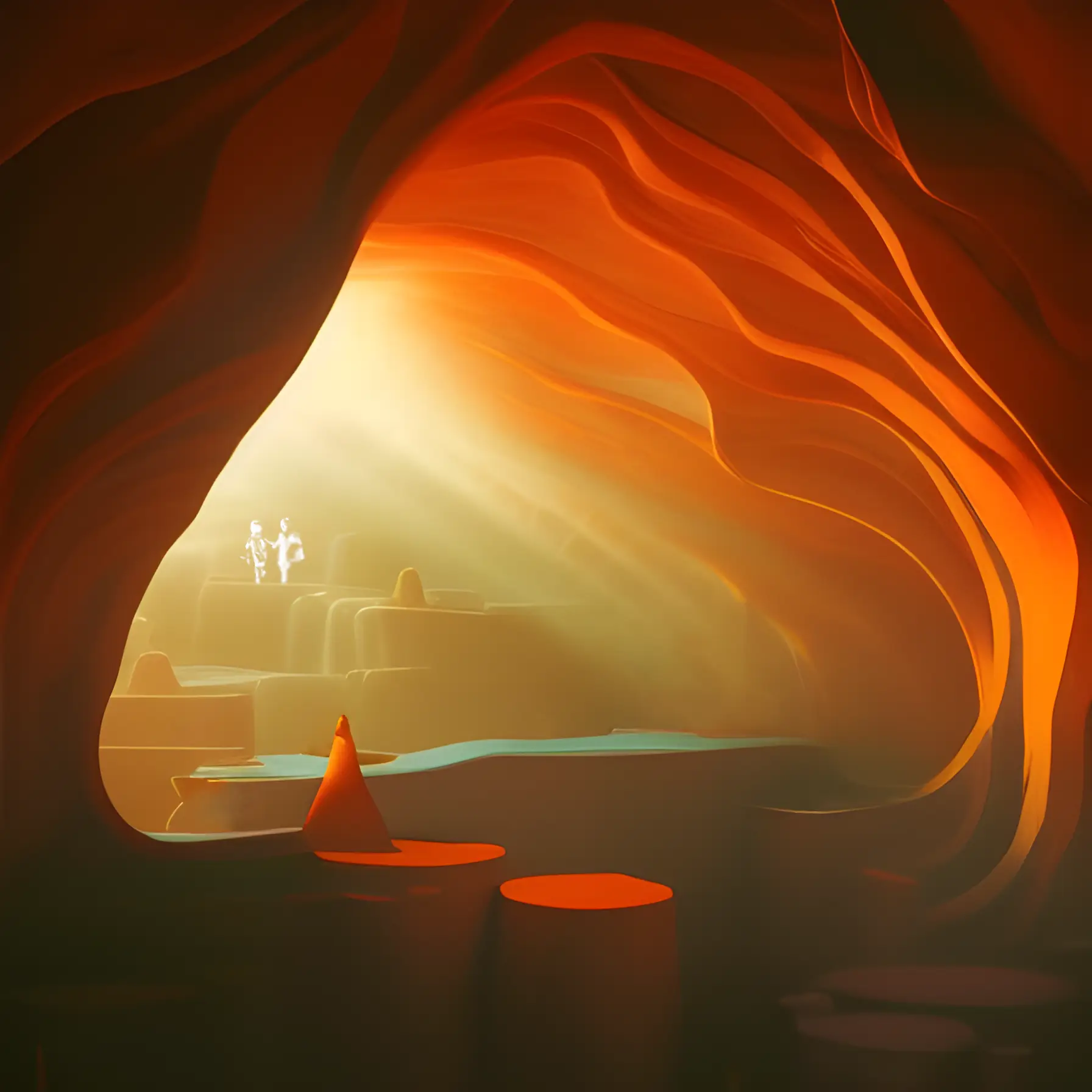 Colourful artistic rendering of a cave with sunlight coming in from the left.