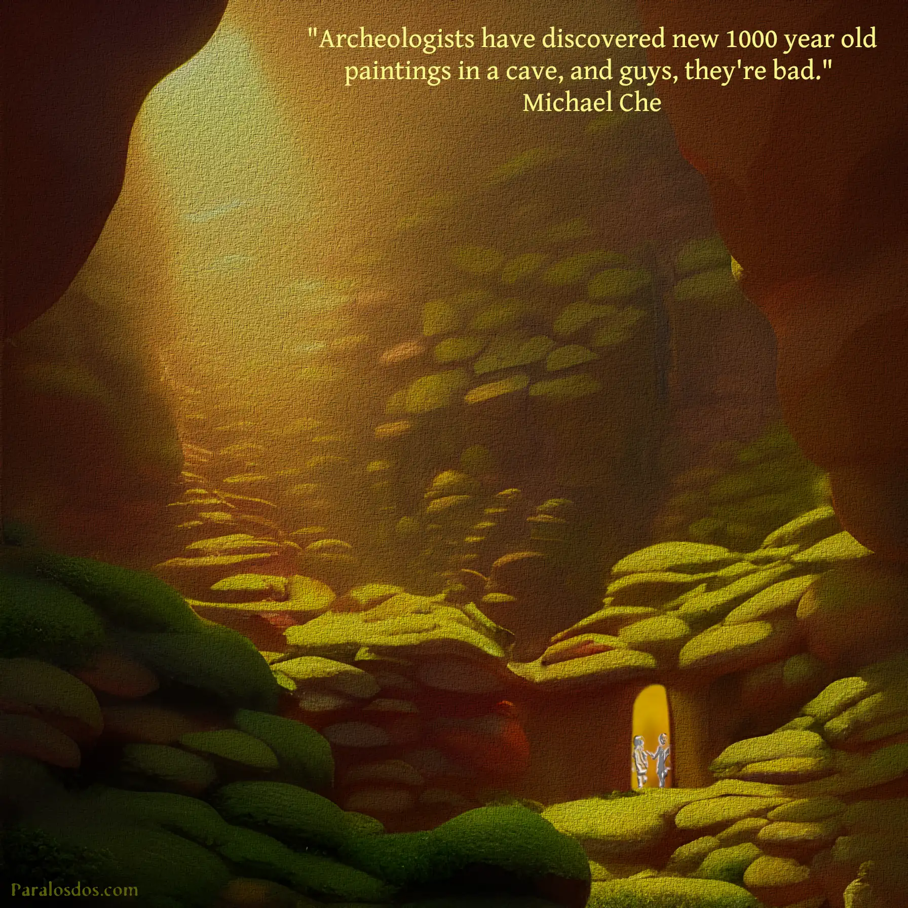 Colourful artistic rendering of a cave with sunlight coming in from the left. In the bottom left is an opening leading somewhere.