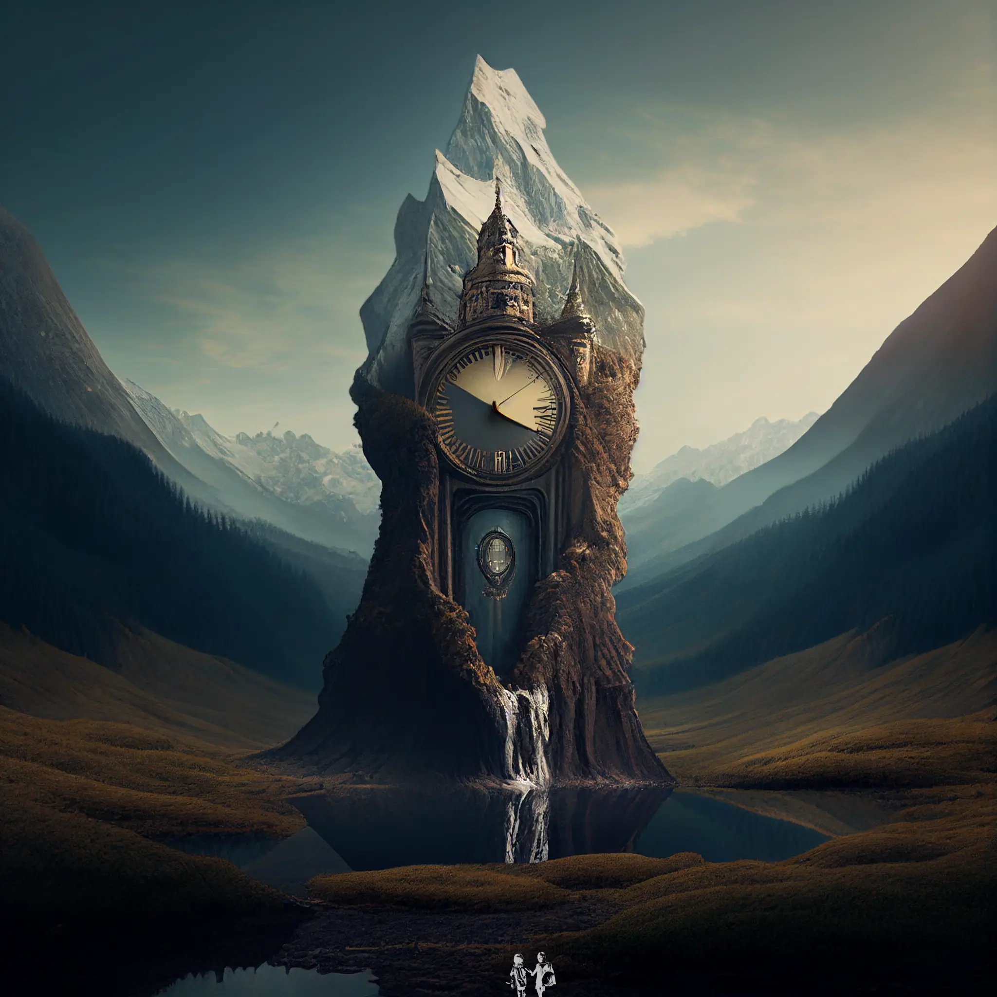 A lone mountain in a valley has grown around grandfather clock. There is a small waterfall spilling water into a pool at the clock mountain's bottom.