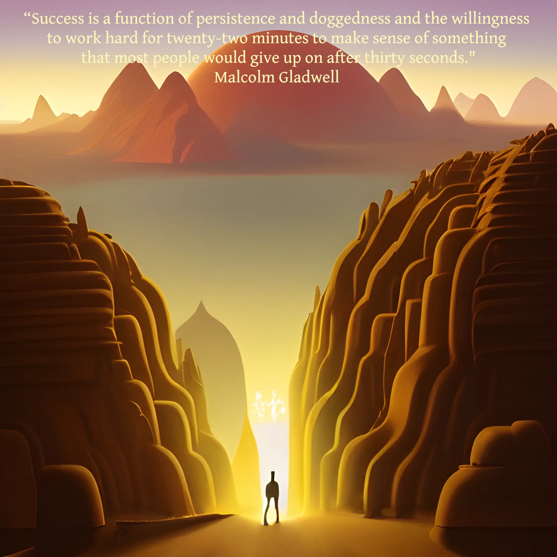 A figure stands bathed in light from an opening between two mountains. The figure is walking toward more mountains in the foreground. A quote reads: “Success is a function of persistence and doggedness and the willingness to work hard for twenty-two minutes to make sense of something that most people would give up on after thirty seconds." - Malcolm Gladwell