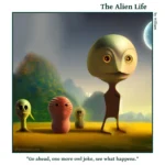 The Alien Life, one panel Comic. An alien with a big head that resembles an owls is walking away from a group of three other aliens. The caption reads: "Go ahead, one more owl joke, see what happens."