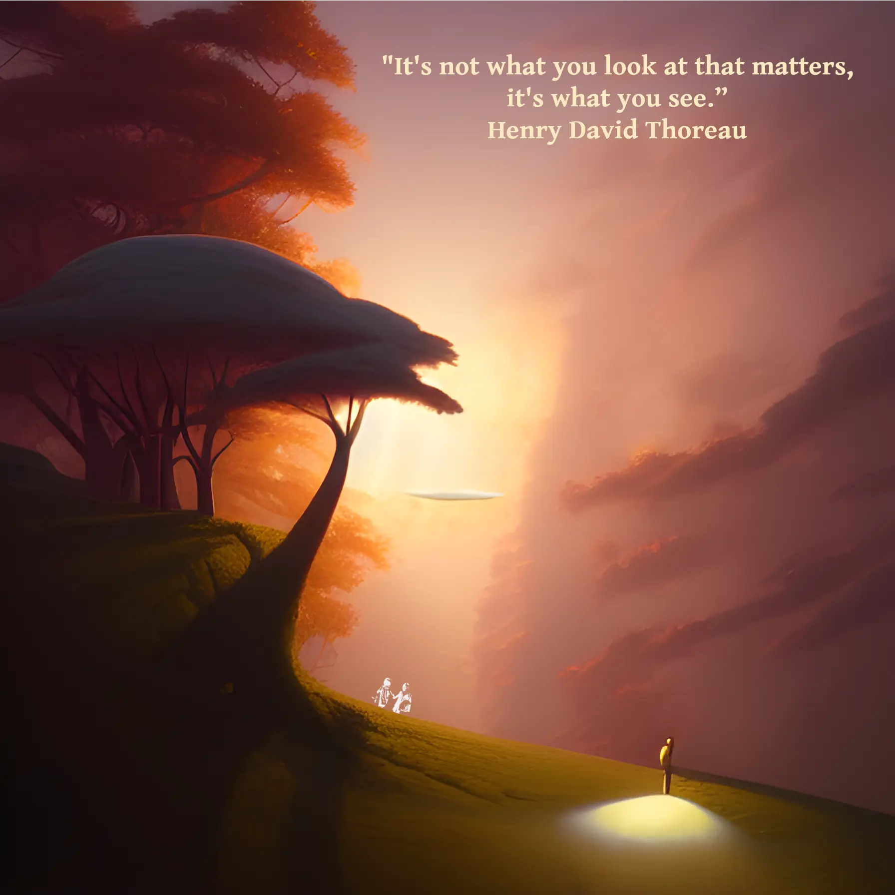 A small figure is bathed in light on a hillside. Above the figure in the sky hovers a disc. The quote by Thoreau reads: "It's not what you look at that matters, it's what you see.”