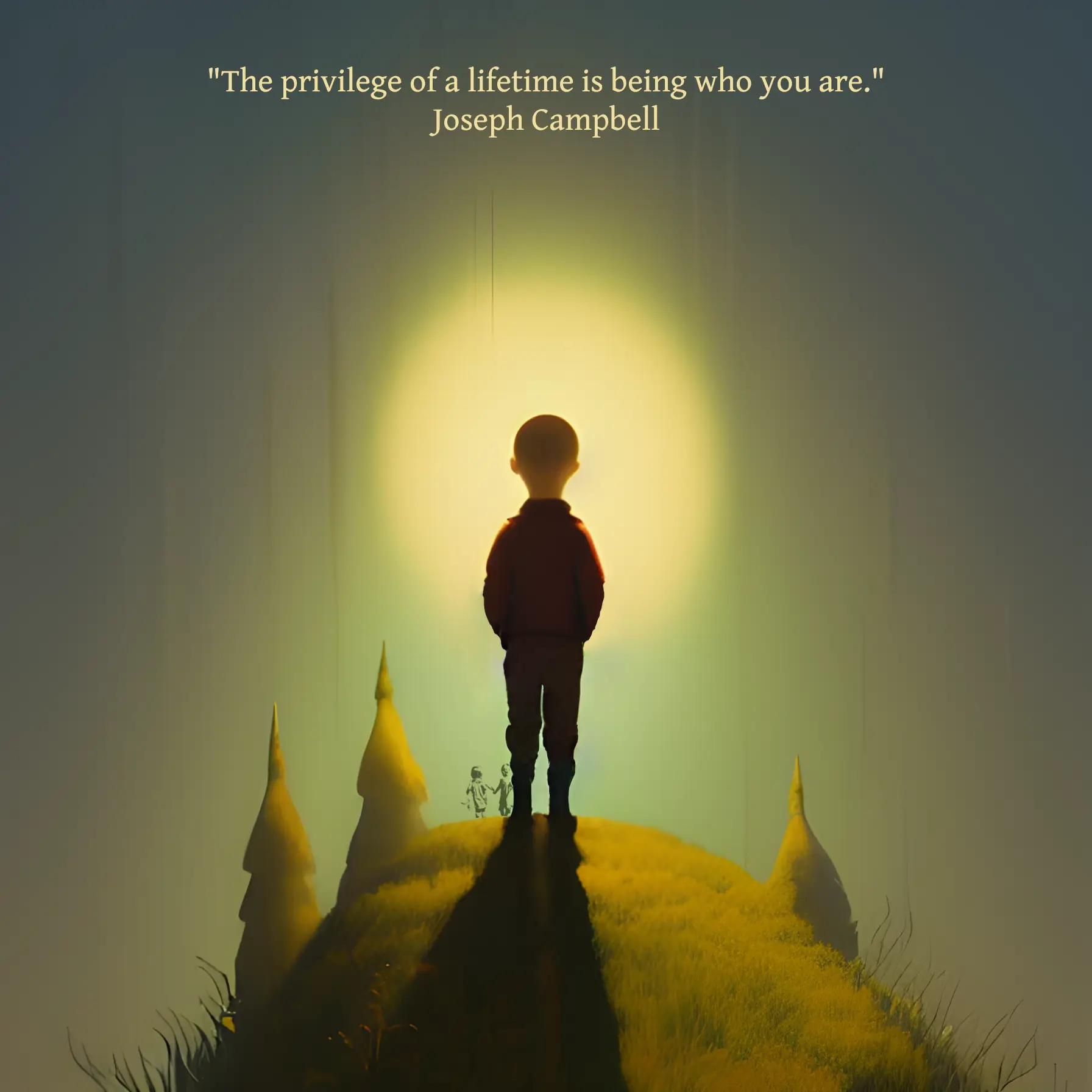 A figure stands on the top of a hill. A hazy sun in the distance creates a halo around the figure. The quote by Joseph Campbell reads: "The privilege of a lifetime is being who you are.”