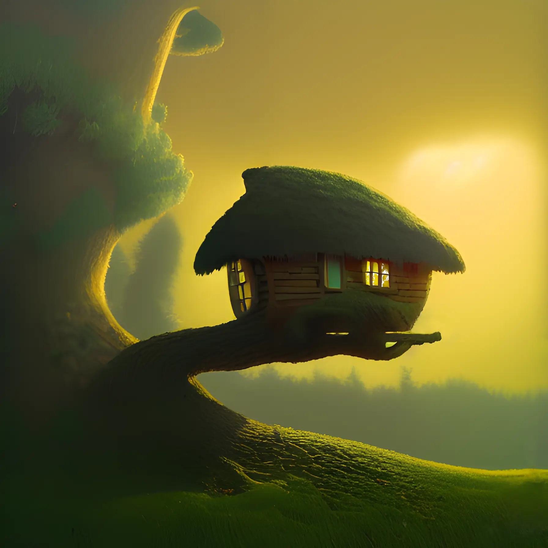 A painting of a thatched cabin perched on a large branch that is growing out of a giant tree.