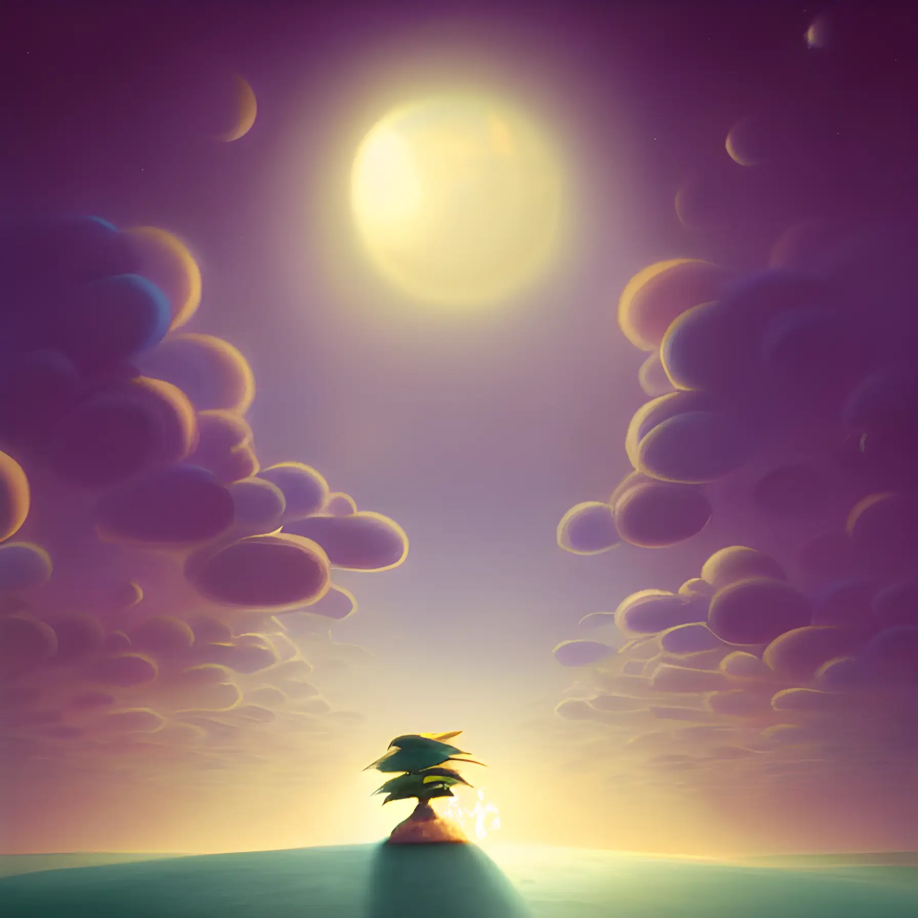 A small island with a lone palm tree sits in the middle of the ocean bathed in moonlight.