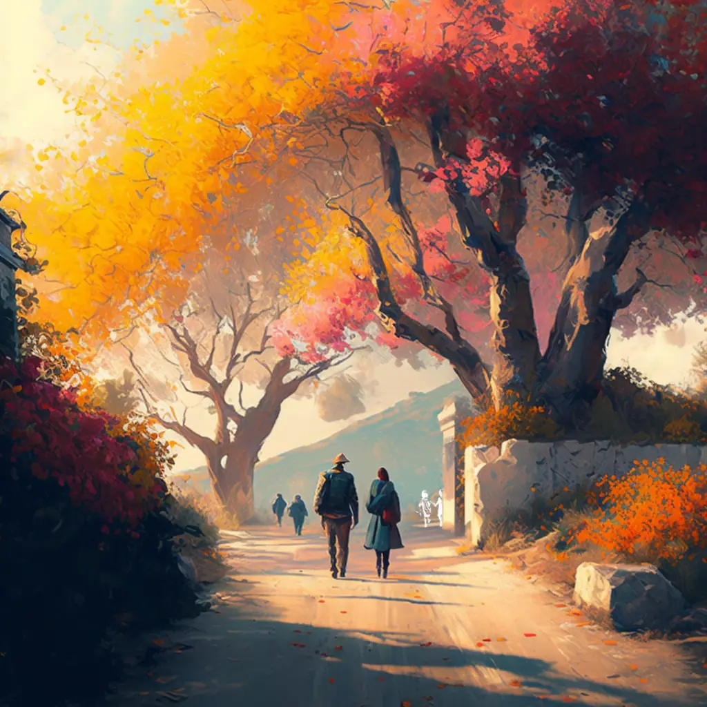 Two people walk together on a path on a beautiful autumn day.
