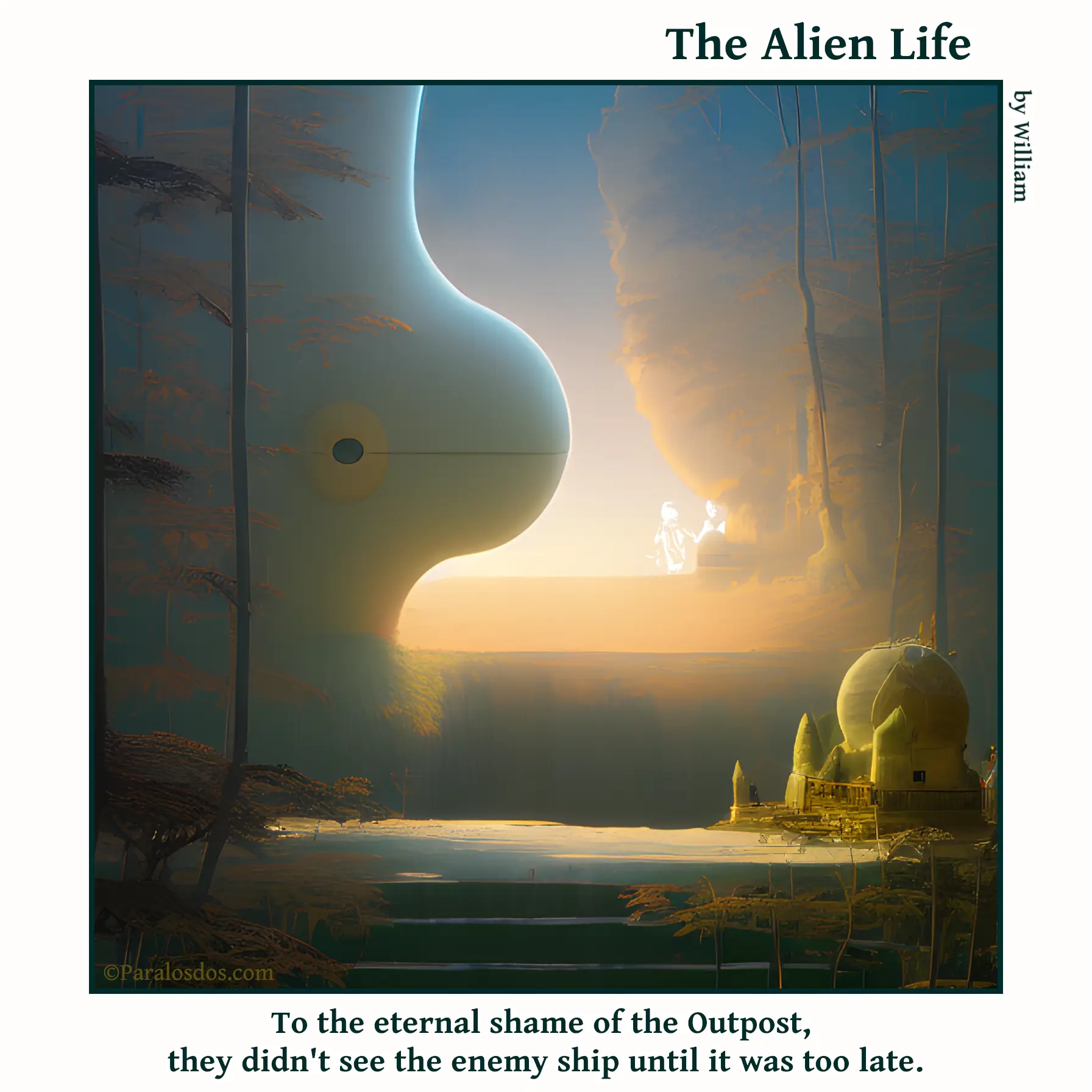 The Alien Life, one panel Comic. A humongous alien ship is about to pass an alien fort.The caption reads: To the eternal shame of the Outpost, they didn't see the enemy ship until it was too late.