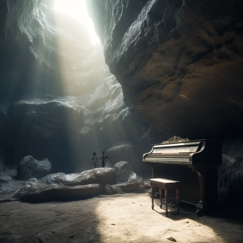 An old upright piano sits in a cave to the right. Rays of light from the top left angle down onto the piano bench.