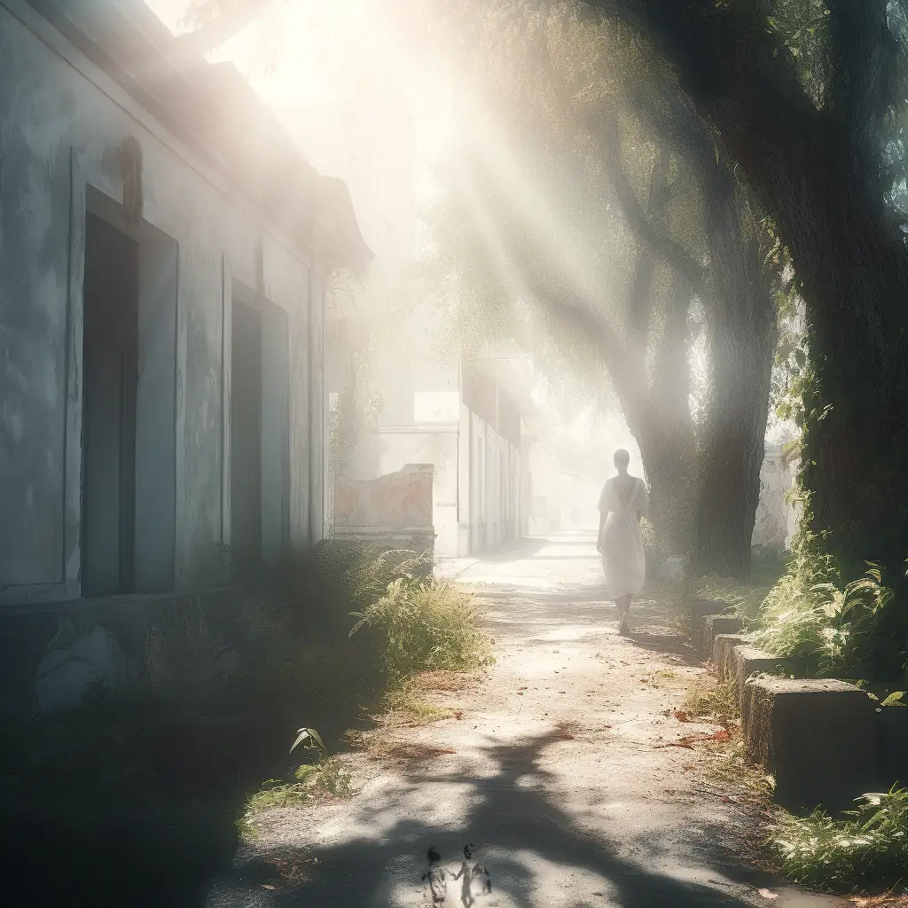 A woman walks along a path with large trees on the right and buildings on the left. The scene is hazy, but light filled. Very peaceful, almost ghostly.