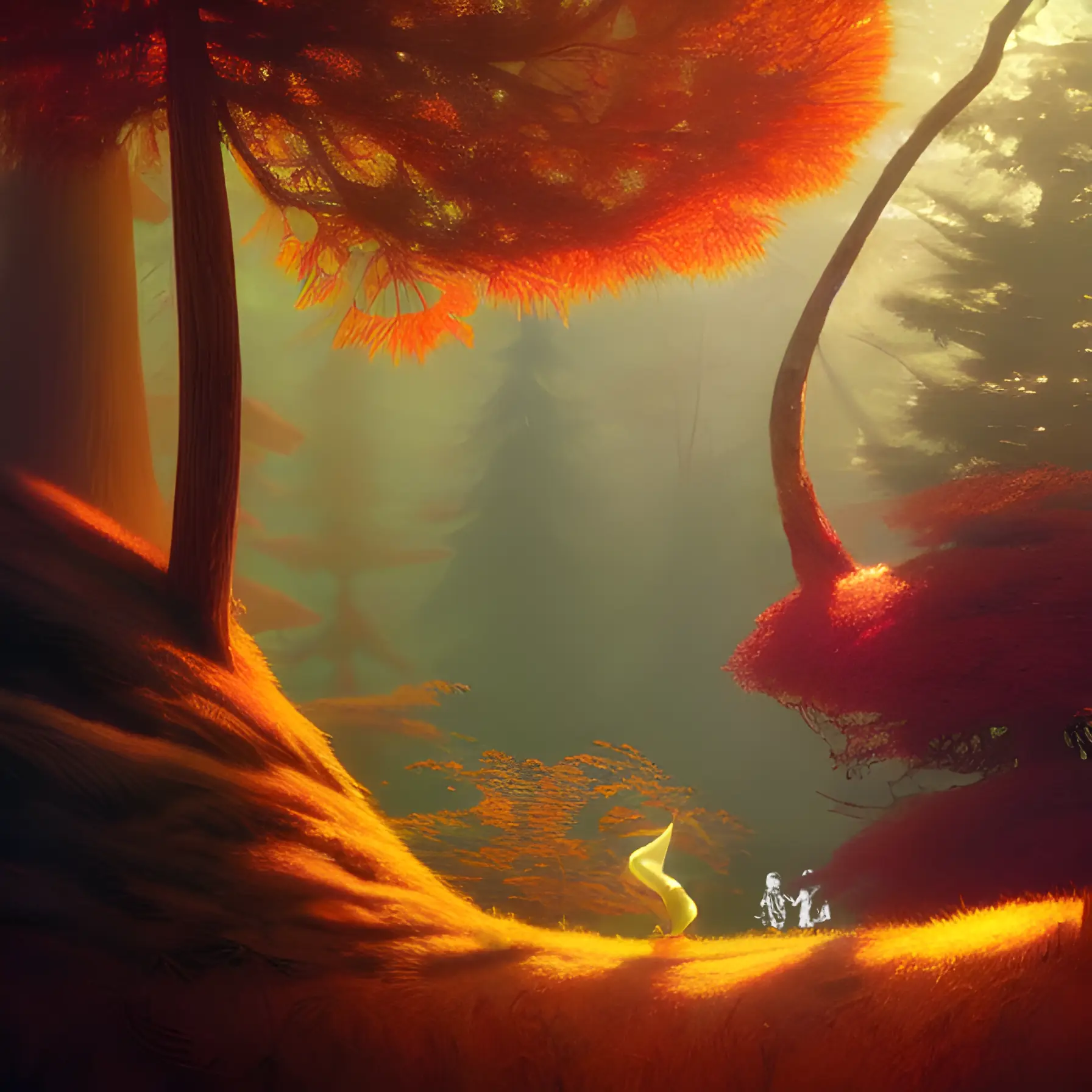 An artistic rendering of an autumn scene in the woods. There is a some kind of white flower that looks like a flame in the bottom center.