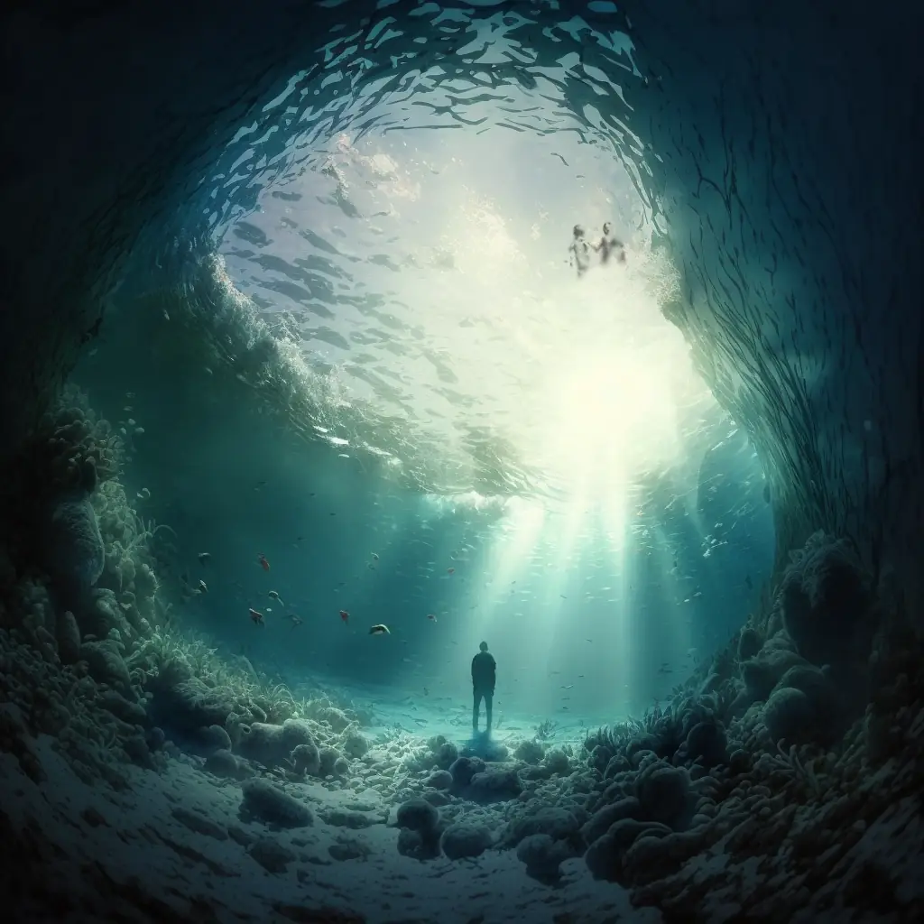 A figure is standing on the bottom of the sea, looking up towards the water's surface and the light.