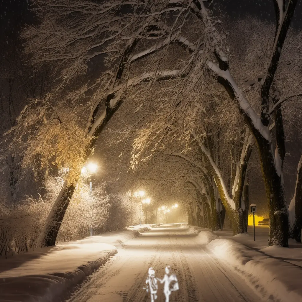 A beautiful, peaceful lane under a canopy of tress in winter. Everything is covered in snow. The scene is bathed in a yellowish, calming light.
