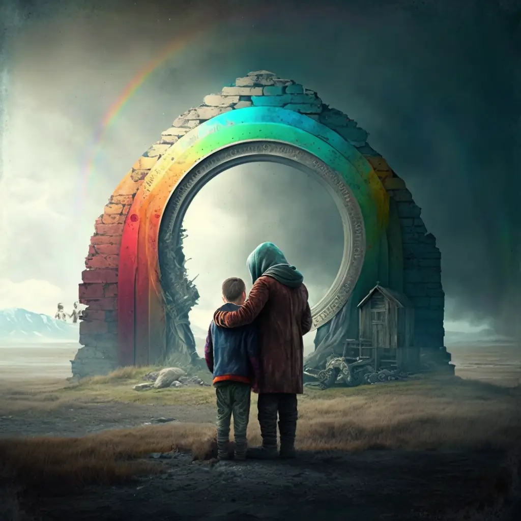 A big brother has his arm around his little brother. Protecting and loving. They are facing a colourful futuristic looking arch.