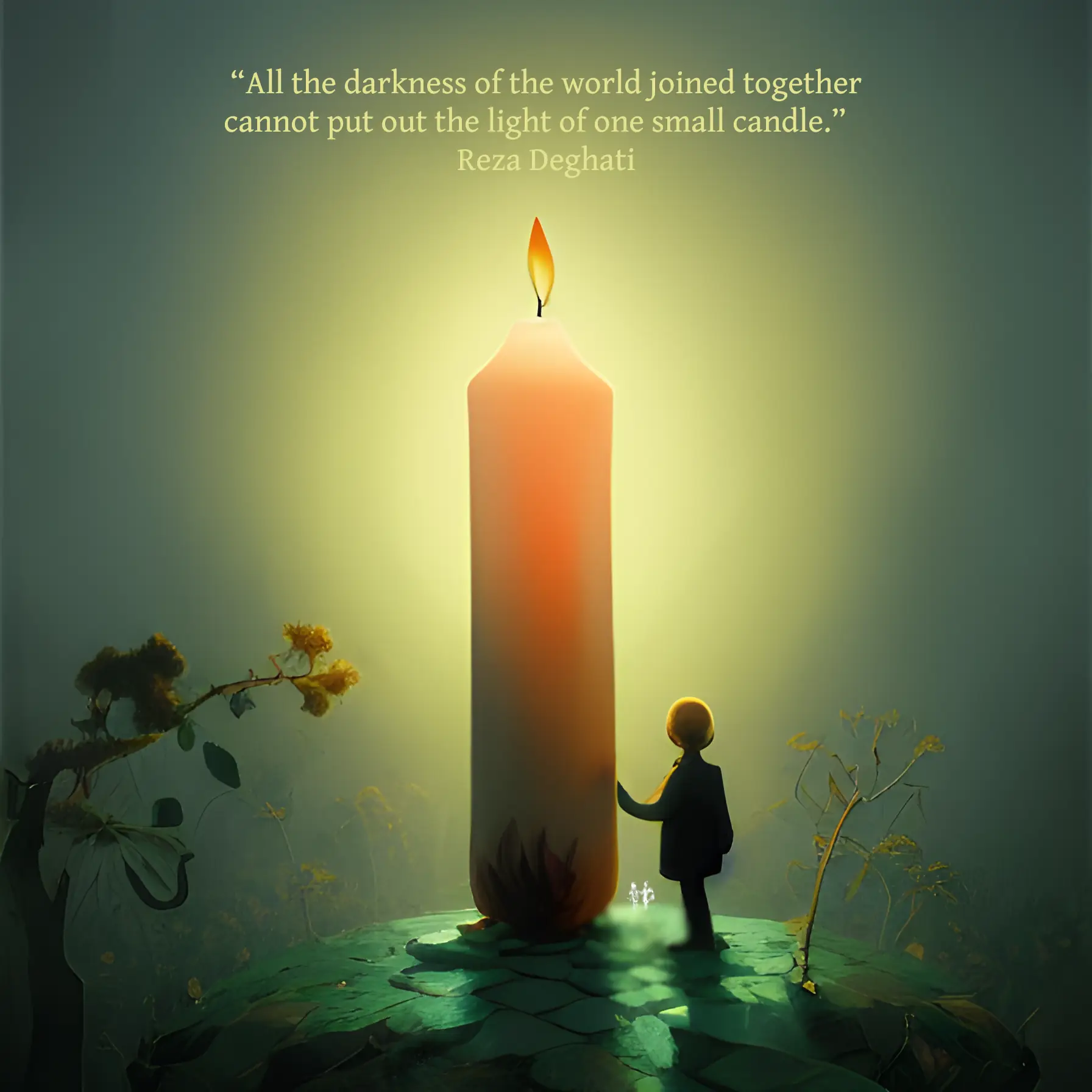 A person stands beside and touching a candle as tall as a house. A quote reads: “All the darkness of the world joined together cannot put out the light of one small candle.” Reza Deghati
