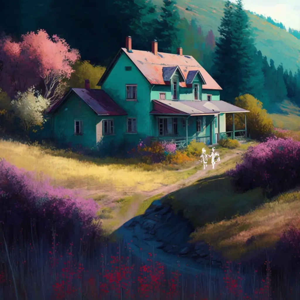 A peaceful and inviting old house is nestled into trees in a colourful grassy valley.