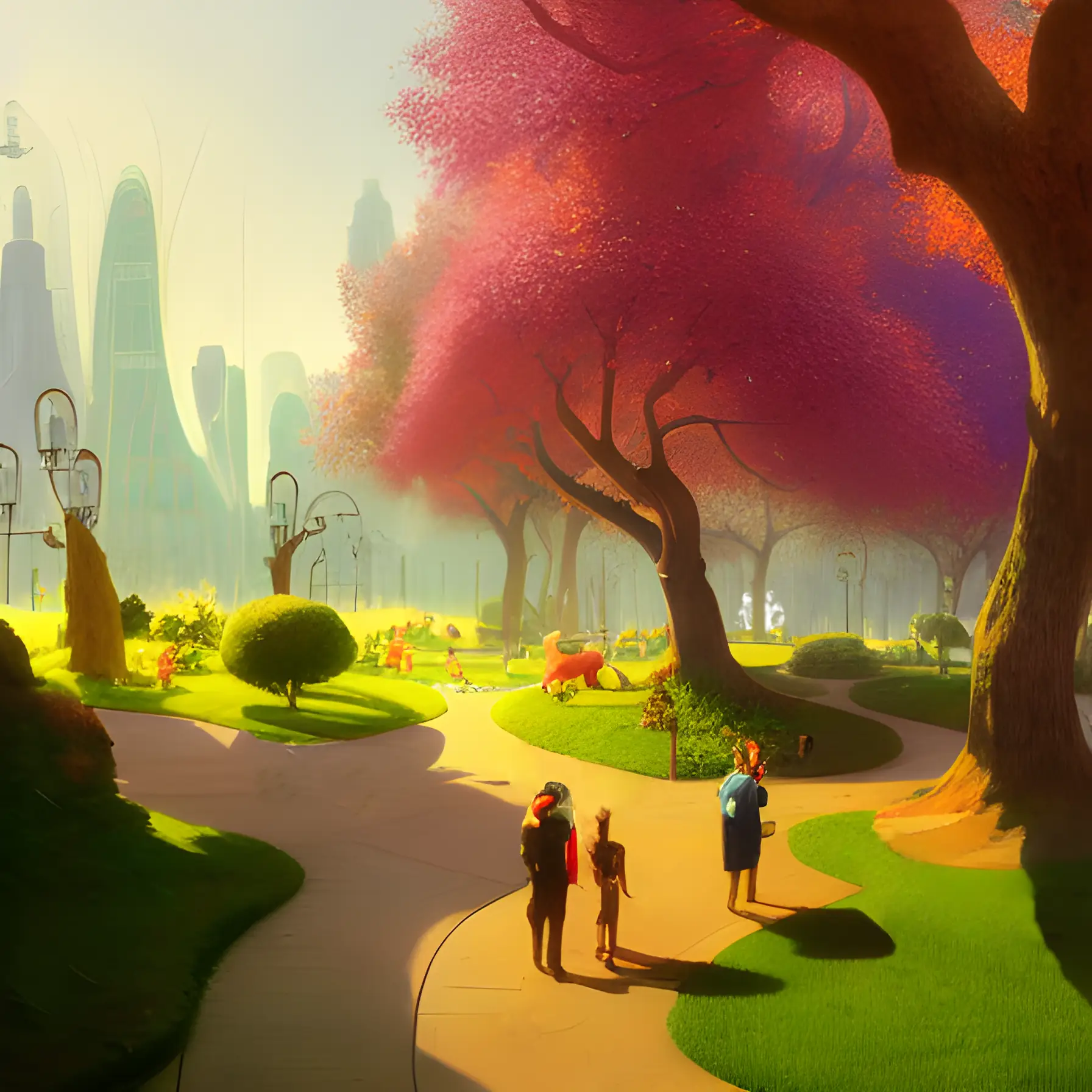 People walking in a beautiful park with a big city in the background.